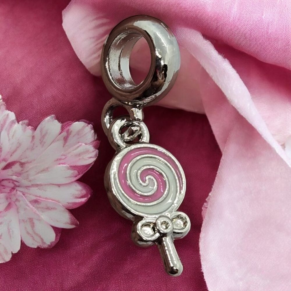 Pink Swirl Lollipop 3D Bracelet Charm Silver Carnival Party Jewelry Summer Fun